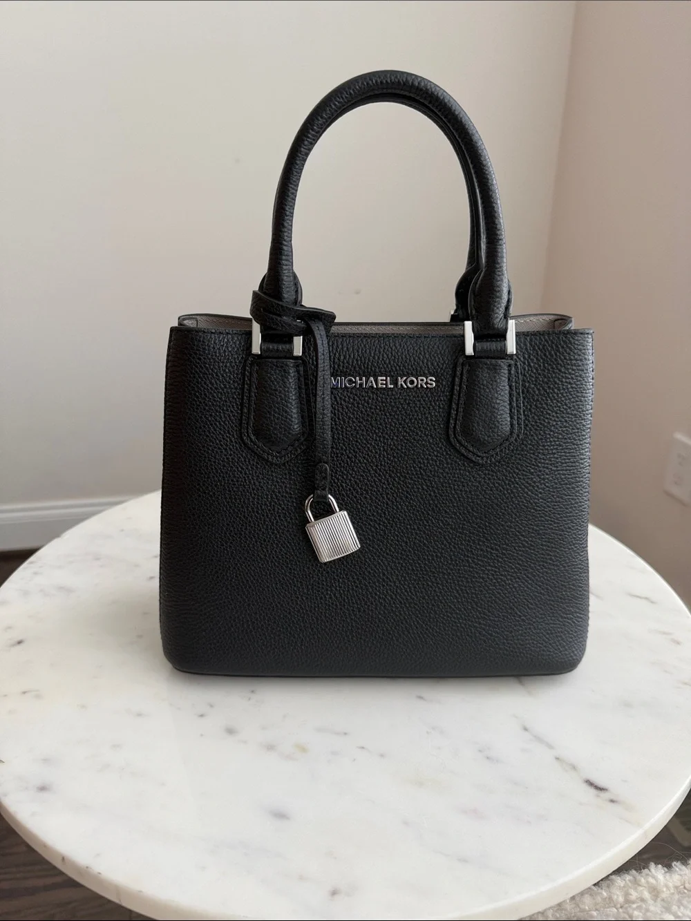 Michael Kors Adele Small Black Pebbled Leather Satchel with Lock Charm